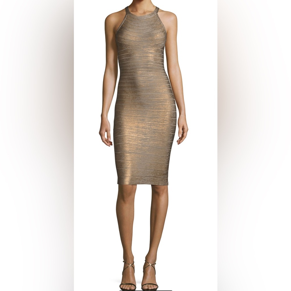 Herve Leger Renata Woodgrain Metallic Foil Bandage Dress Size XS